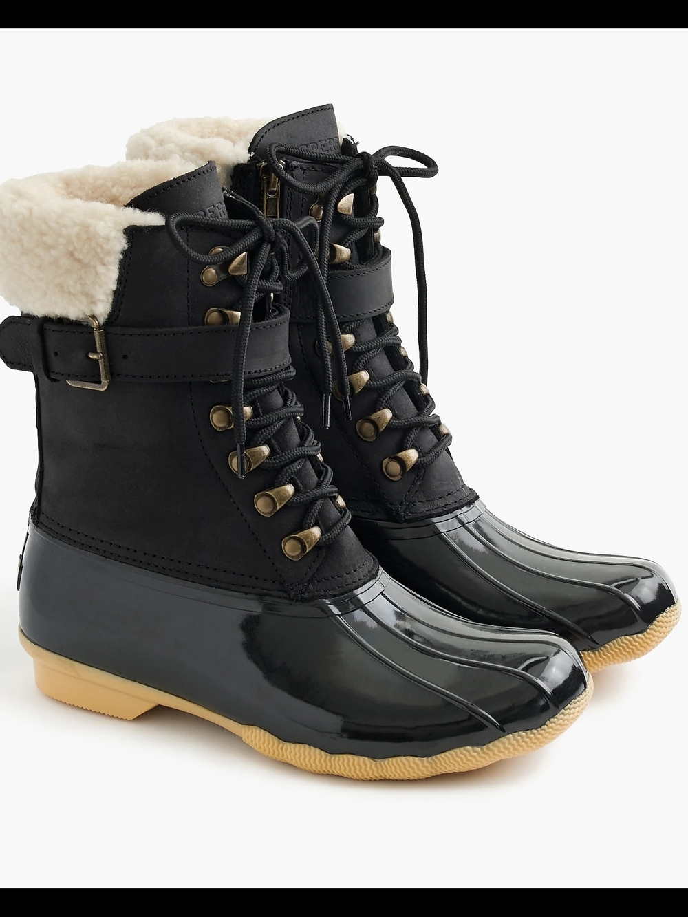 Sperry Black Duck Boots with Cream Sherpa Collar and Tan Outsole